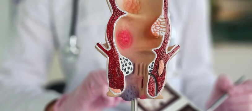 Anatomical model of rectum with hemorrhoids in clinic concept