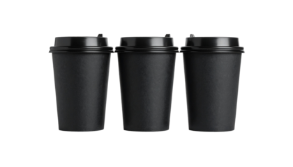 Three Black Paper Coffee Cup with Lid in a Row, Blank Takeaway Packaging Mock Up, Isolated on Transparent Background