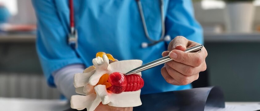 Treatment of intervertebral hernia. Chiropractor with anatomical model of lumbar disc herniation and back pain concept