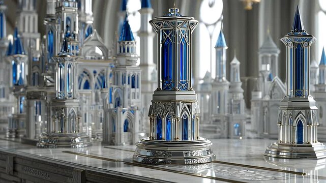 Miniature blue and silver castle models on a white surface indoors.