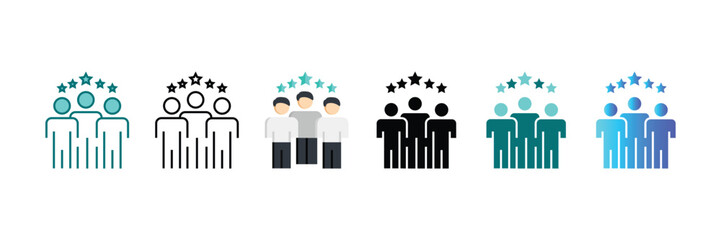 Fototapeta premium Modern vector icons depicting successful team collaboration, positive employee interaction, and leadership for corporate communication and UI design strategy