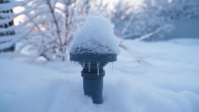 Air extractor for underground spaces covered with snow and icicles, close-up