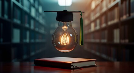Education Concept Featuring Light Bulb with Graduation Cap in Dark Library