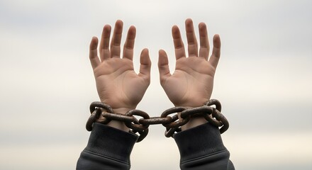Hands with Chains Raised Against a Cloudy Sky Depicting Freedom and Hope