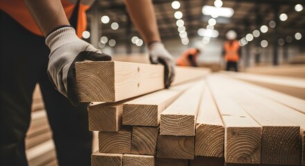 Workers Stacking Lumber Boards at Warehouse, Construction Site With Gloves and Safety Gear