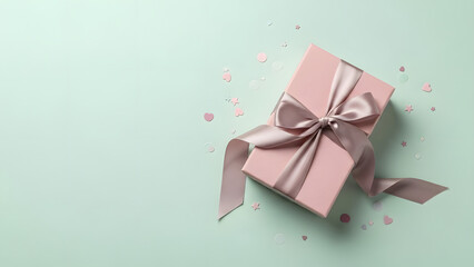 Fototapeta premium Pink gift box with ribbon bow on pastel green background with confetti