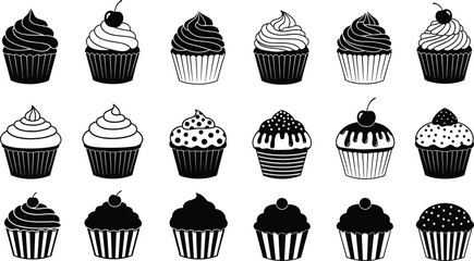 Black and white cupcake icon set featuring sweet desserts, minimalist bakery illustrations, delicious treats, and decorative pastry silhouettes isolated on white