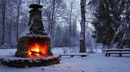 A rustic stone fireplace glows warmly in a snowy winter landscape, offering a cozy retreat from the cold.