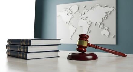 Law Books with Gavel on Desk in Front of World Map at Justice