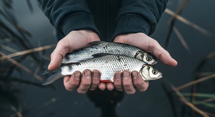 Holding Two Freshly Caught Fish with Reed Background on a Calm Lake