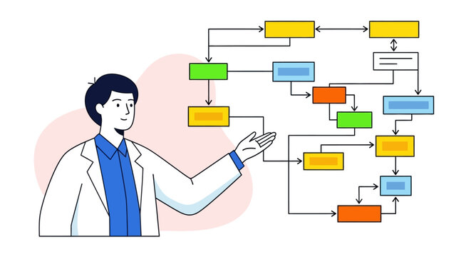 Professional Explaining Complex Flowchart Diagram. Business Workflow Analysis, Process Mapping, and Algorithm Data Flow Illustration.