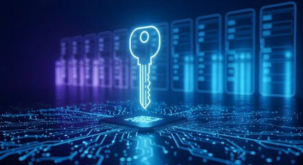 Neon Digital Key on Microchip with Servers Data Protection and Cybersecurity