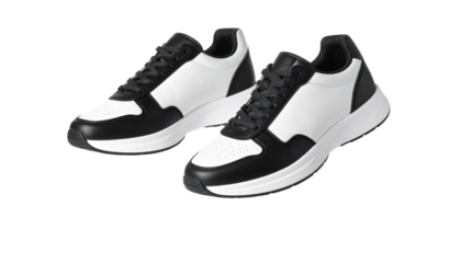 Pair of New White and Black Leather Sneakers Floating, Isolated on Transparent Background