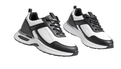 Pair of New White and Black Leather Sneakers Floating, with Clipping Path in Fly Away, Isolated on Transparent Background
