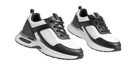 Pair of New White and Black Leather Sneakers Floating, with Clipping Path in Fly Away, Isolated on Transparent Background