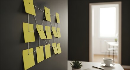 Yellow Sticky Notes Pinned to Wall with Strings in an Office Setting with Coffee