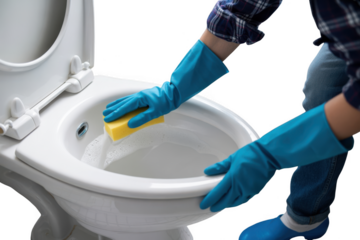 Person wearing blue rubber glove cleaning inside of a white toilet bowl with a yellow sponge isolated on transparent background