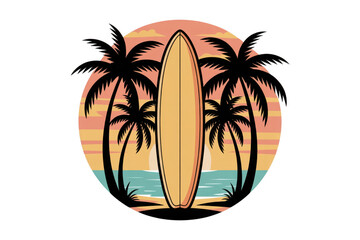 Retro sunset graphic featuring a surfboard standing upright between two pairs of silhouetted palm trees on a beach isolated on transparent background