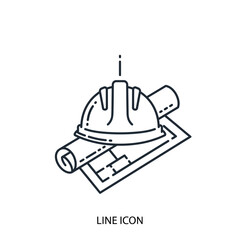 Fototapeta premium Construction Hard Hat and Architectural Blueprints Line Icon. Engineering, Building Safety, and Project Planning Outline Vector Symbol.
