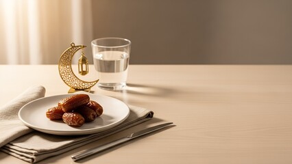 A plate of food and a glass of water on a table setting with a decorative item