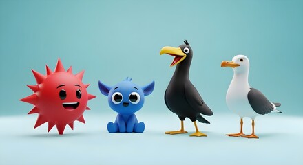 Cute Animated Cartoon Characters of Sea Animals and Sun on Turquoise Background