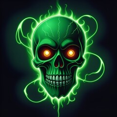 Mystical green skull with glowing eyes and electric aura, perfect for Halloween designs, edgy logos, and spooky themed projects