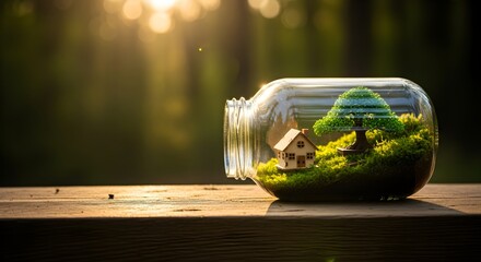 Miniature House and Tree in a Jar Under Warm Sunlight