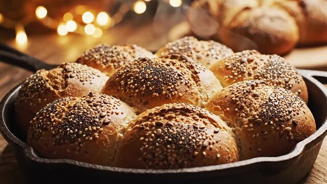 Perfectly formed artisan bread rolls with assorted seeds dusted on top, presented in a rustic cast iron skillet.