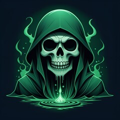 Grim reaper in glowing emerald cloak evokes eerie Halloween vibes perfect for spooky season designs and chilling dark fantasy projects this fall