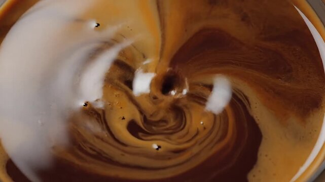 Aerial view of swirling coffee and milk mixture in a cup, creating a mesmerizing pattern