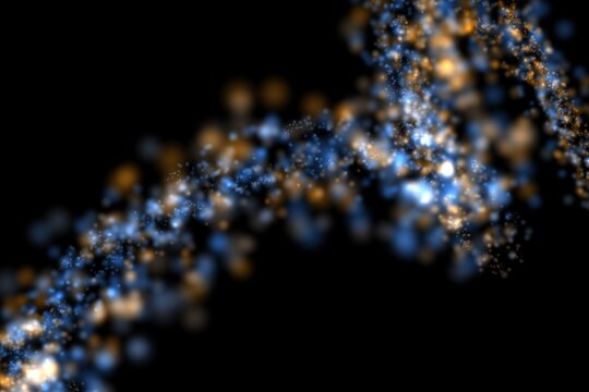Cosmic bokeh overlay of vivid blue and gold nebula stream &ndash; energetic twisting stardust river sweeping diagonally across deep black abstract galaxy space

