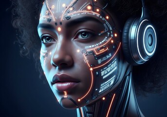 Futuristic woman wearing headphones with glowing facial interface and cybernetic patterns showcasing advanced artificial intelligence digital communication and modern technology