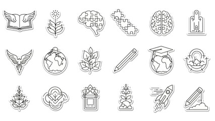 Educational and natural themed line art sticker icons on white
