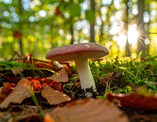 A singular mushroom stands tall in a forest bed, illuminated by dappled sunlight filtering through the trees, creating a warm, natural glow