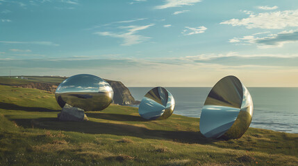 Reflective spheres on a grassy hill overlooking the ocean under a partly cloudy blue sky at daytime
