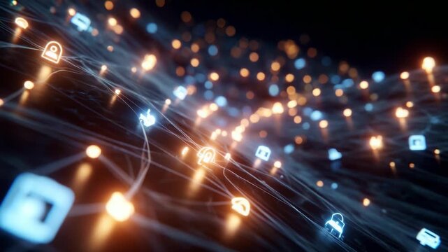 A Vibrant Network of Digital Connections: Exploring Security Symbols and Light Patterns in Modern Technology through Vivid Visualization of Data Flow Representations