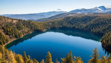 A breathtaking scenic landscape view of a tranquil mountain lake surrounded by a dense evergreen forest, with snow-capped peaks in the distance.
