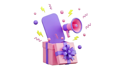 3D Gift Box with Megaphone, Mobile Phone, and Festive Elements