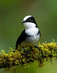 A small bird with distinctive black and white plumage perches on a mossy branch, facing slightly towards the left