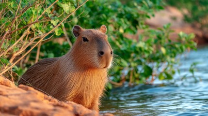 A brown capybara is sitting in the water