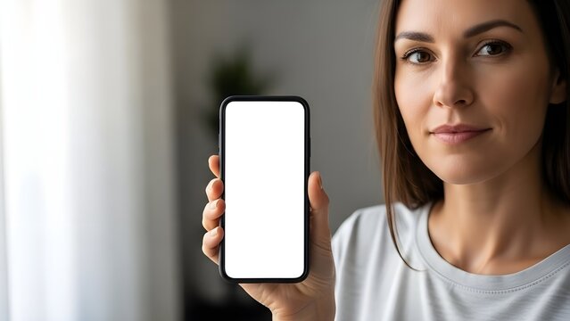 Woman holding a smartphone with a blank white screen, perfect for showcasing apps, websites, or digital content in a clean, modern context