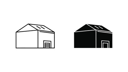 Simple line art and solid color illustrations of two identical barns with gable roofs and single doors on a white background © Shahin67