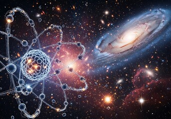 Abstract representation merges atomic structure with a deep space cosmic scene featuring a spiral galaxy