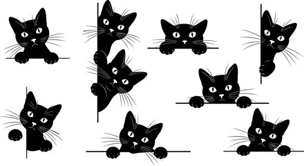 Black cat peeking silhouette collection, cute playful kittens looking over edges, funny feline cartoon vector illustration isolated on white background © MDKHALEDUL
