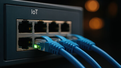 Next gen engineering solution for IoT connectivity with network cables plugged into switch port delivering fast data transfer and control