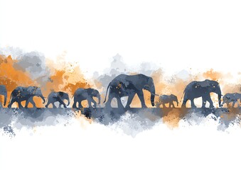 Watercolor ink-and-splatter illustration of migrating elephants in a line across the frame