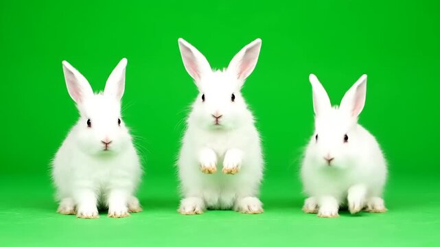 Three adorable fluffy white rabbits pose perfectly in a row on a vibrant green backdrop, exuding charm and innocence for a captivating display