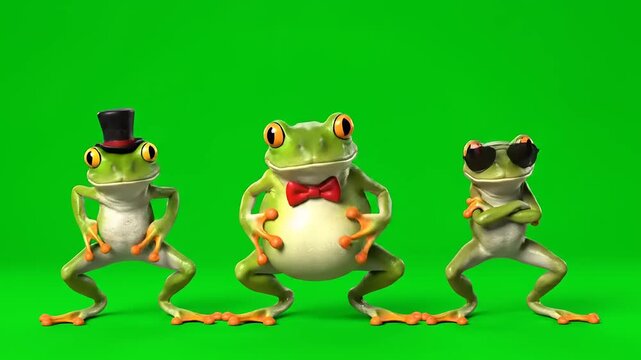 Three cool frogs dressed up in hats and sunglasses with bow ties on a green screen background, looking stylish and fun