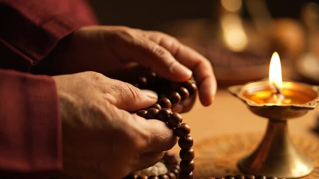 Close up of hands counting spiritual prayer beads illuminated by traditional lamp light for ritual devotion and reflection