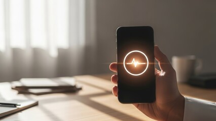Hand holding smartphone with glowing lifeline icon, representing digital support, emergency assistance, and mental health care in a minimalist, professional style
